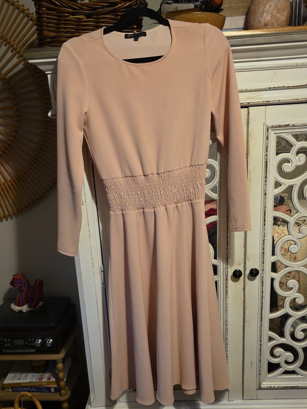 Maje Blush Pink Long Sleeve Smocked Waist Midi Dress